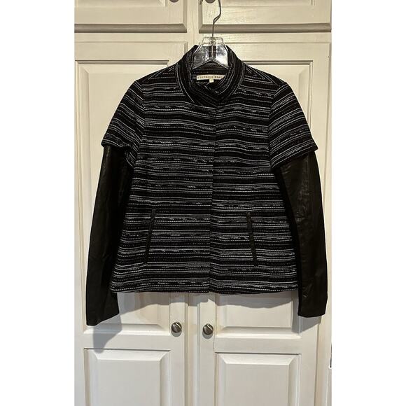 Veronica Beard Wool Blend Tweed Jacket Lamb Leather Sleeves Size 1 Chic Classic - Picture 1 of 16